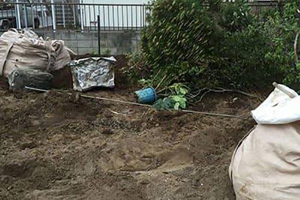 解体工事前の庭木伐採作 除根 伐根作業 全部撤去